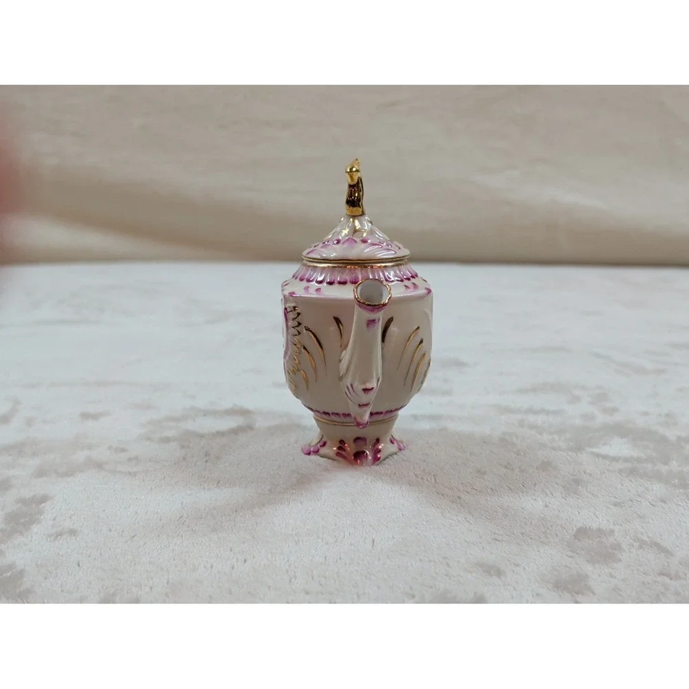 Vintage Style Miniature Porcelain Teapot Pink Floral Gold‎ Gilt Decorative Mini
